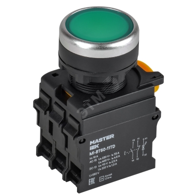 Кнопка с подсвет. и фикс. d=22мм 1NO+1NC зел-ная MASTER IEK MI-BT60-11TD-3-11-K06