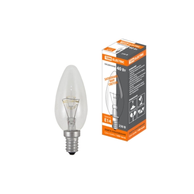 Лампа накаливания "Свеча прозрачная" 40 Вт-230 В-Е14 TDM (кр.100шт)