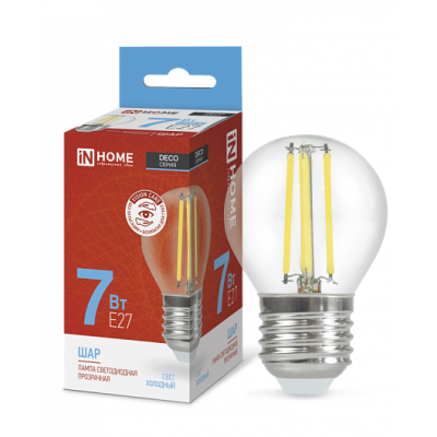Лампа светодиодная LED-ШАР-deco 7Вт шар прозрачная 6500К холод. бел. E27 810лм 230В 4690612036427