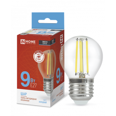 Лампа светодиодная LED-ШАР-deco 9Вт шар прозрачная 6500К холод. бел. E27 1040лм 230В 4690612036441