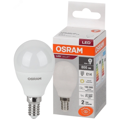 Лампа светодиодная LED Value LVCLP75 10SW/830 10Вт шар матовая E14 230В 10х1 RU OSRAM 4058075579712