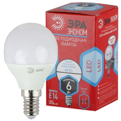 Лампочка светодиодная ЭРА RED LINE ECO LED P45-6W-840-E14 E14 / Е14 6Вт шар нейтральный белый свет(кр.1шт)