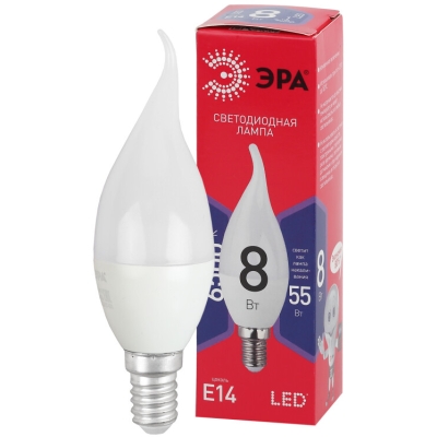 Лампочка светодиодная ЭРА RED LINE LED BXS-8W-865-E14 R E14 / Е14 8Вт свеча на ветру холодный дневной свет(кр.1шт)
