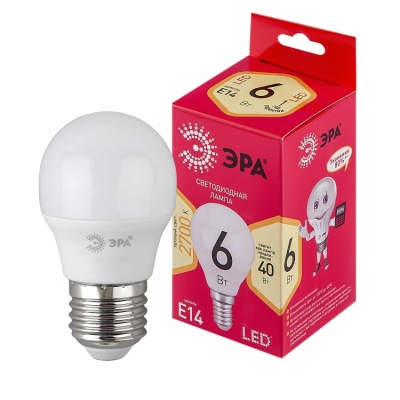Лампочка светодиодная ЭРА RED LINE LED P45-6W-827-E14 R Е14 / E14 6 Вт шар теплый белый свет(кр.1шт)