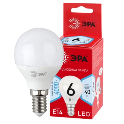 Лампочка светодиодная ЭРА RED LINE LED P45-6W-840-E14 R E14 / Е14 6Вт шар нейтральный белый свет(кр.1шт)
