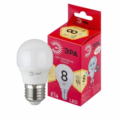 Лампочка светодиодная ЭРА RED LINE LED P45-8W-827-E14 R Е14 / E14 8 Вт шар теплый белый свет(кр.1шт)