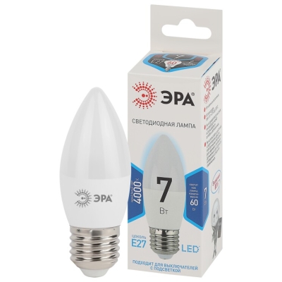 Лампочка светодиодная ЭРА STD LED B35-7W-840-E27 E27 / Е27 7Вт свеча нейтральный белый свет(кр.1шт)