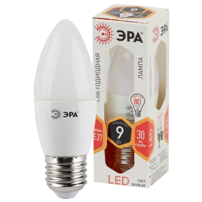 Лампочка светодиодная ЭРА STD LED B35-9W-827-E27 E27 / Е27 9Вт свеча теплый белый свет(кр.1шт)