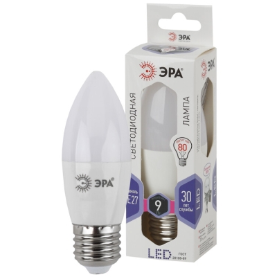 Лампочка светодиодная ЭРА STD LED B35-9W-860-E27 E27 / Е27 9Вт свеча холодный дневной свeт(кр.1шт)