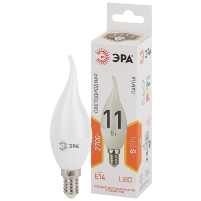 Лампочка светодиодная ЭРА STD LED BXS-11W-827-E14 E14 / Е14 11Вт свеча на ветру теплый белый свет(кр.1шт)