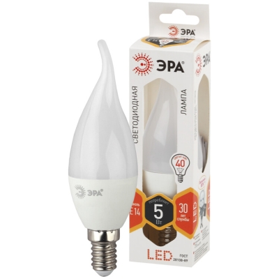 Лампочка светодиодная ЭРА STD LED BXS-5W-827-E14 E14 / Е14 5Вт свеча на ветру теплый белый свет(кр.1шт)