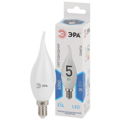 Лампочка светодиодная ЭРА STD LED BXS-5W-840-E14 E14 / Е14 5Вт свеча на ветру нейтральный белый свет(кр.1шт)