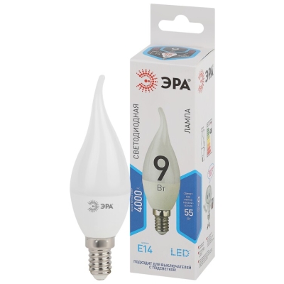 Лампочка светодиодная ЭРА STD LED BXS-9W-840-E14 E14 / Е14 9Вт свеча на ветру нейтральный белый свет(кр.1шт)