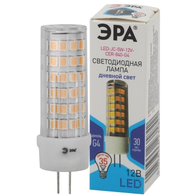 Лампочка светодиодная ЭРА STD LED JC-5W-12V-CER-840-G4 G4 5Вт керамика капсула нейтральный белый свет(кр.1шт)