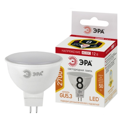 Лампочка светодиодная ЭРА STD LED MR16-8W-12V-827-GU5.3 GU5.3 8 Вт софит теплый белый свет(кр.1шт)