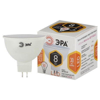 Лампочка светодиодная ЭРА STD LED MR16-8W-827-GU5.3 GU5.3 8 Вт софит теплый белый свет(кр.1шт)