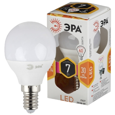 Лампочка светодиодная ЭРА STD LED P45-7W-827-E14 E14 / Е14 7Вт шар теплый белый свет(кр.1шт)