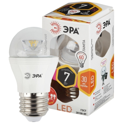 Лампочка светодиодная ЭРА STD LED P45-7W-827-E27-Clear E27 / Е27 7Вт шар теплый белый свет(кр.1шт)