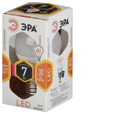 Лампочка светодиодная ЭРА STD LED P45-7W-827-E27 E27 / Е27 7Вт шар теплый белый свет(кр.1шт)