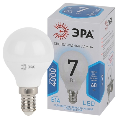 Лампочка светодиодная ЭРА STD LED P45-7W-840-E14 E14 / Е14 7Вт шар нейтральный белый свет(кр.1шт)