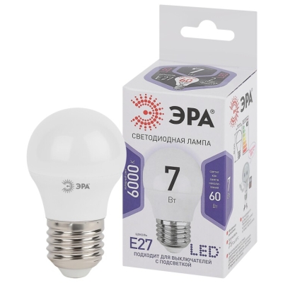 Лампочка светодиодная ЭРА STD LED P45-7W-860-E27 E27 / Е27 7Вт шар холодный дневной свет(кр.1шт)
