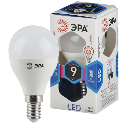 Лампочка светодиодная ЭРА STD LED P45-9W-840-E14 E14 / Е14 9Вт шар нейтральный белый свет(кр.1шт)