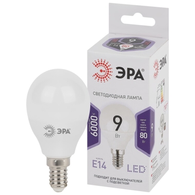Лампочка светодиодная ЭРА STD LED P45-9W-860-E14 E14 / Е14 9Вт шар холодный дневной свет(кр.1шт)