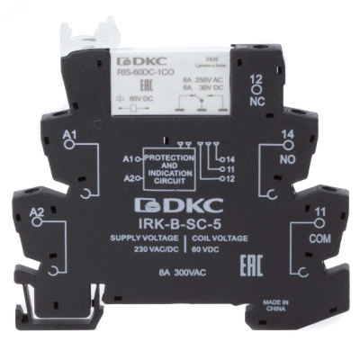 Реле интерфейсное, 1CO, ком. ток 6А, AgSnO2, напряжение 230V AC/DC, винтовые клеммы. IRK-230UC-1CO