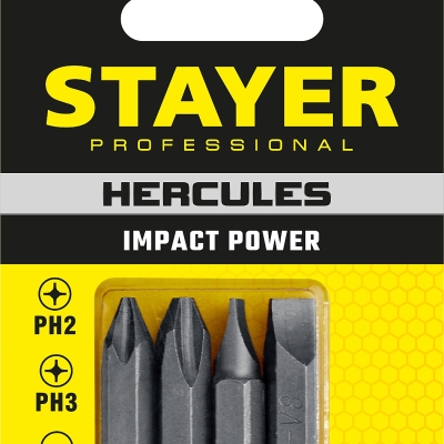 STAYER Hercules, 36 мм, 4 шт, биты для ударной отвертки, Professional (25667-S4)