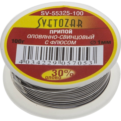 СВЕТОЗАР ПОС 30, 1 мм, 100 г, трубка с флюсом, катушка, припой (SV-55325-100)