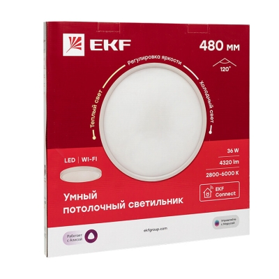 Умный потолочный светильник 480 мм 36W EKF Connect(кр.1шт)