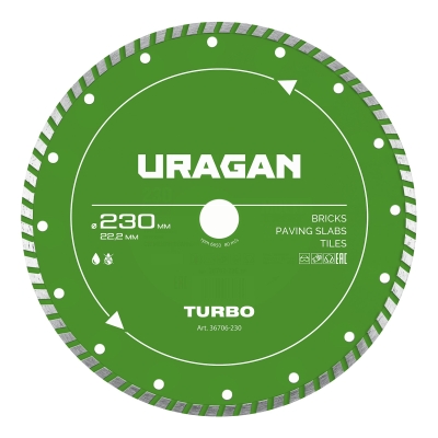 URAGAN TURBO 230 мм, диск алмазный отрезной сегментированный (36706-230)
