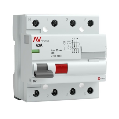 Устройство защитного отключения DV 4P 63А/ 30мА (A) EKF AVERES rccb-4-63-30-a-av