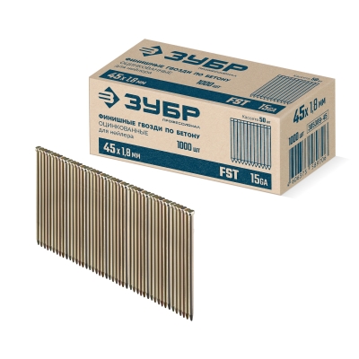 ЗУБР FST 45 х 1.8 мм, финишные гвозди по бетону оцинкованные, калибр 15GA, 1000 шт (305389-45)