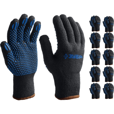 ЗУБР L-XL, трикотажные, покрытие ПВХ (точка), 10 пар, утеплённые перчатки (11462-H10)